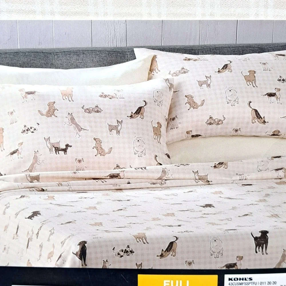 Cuddl Duds Sheet Set Full Size Tan Plaid Dogs Microfiber Soft Warm Bedding New